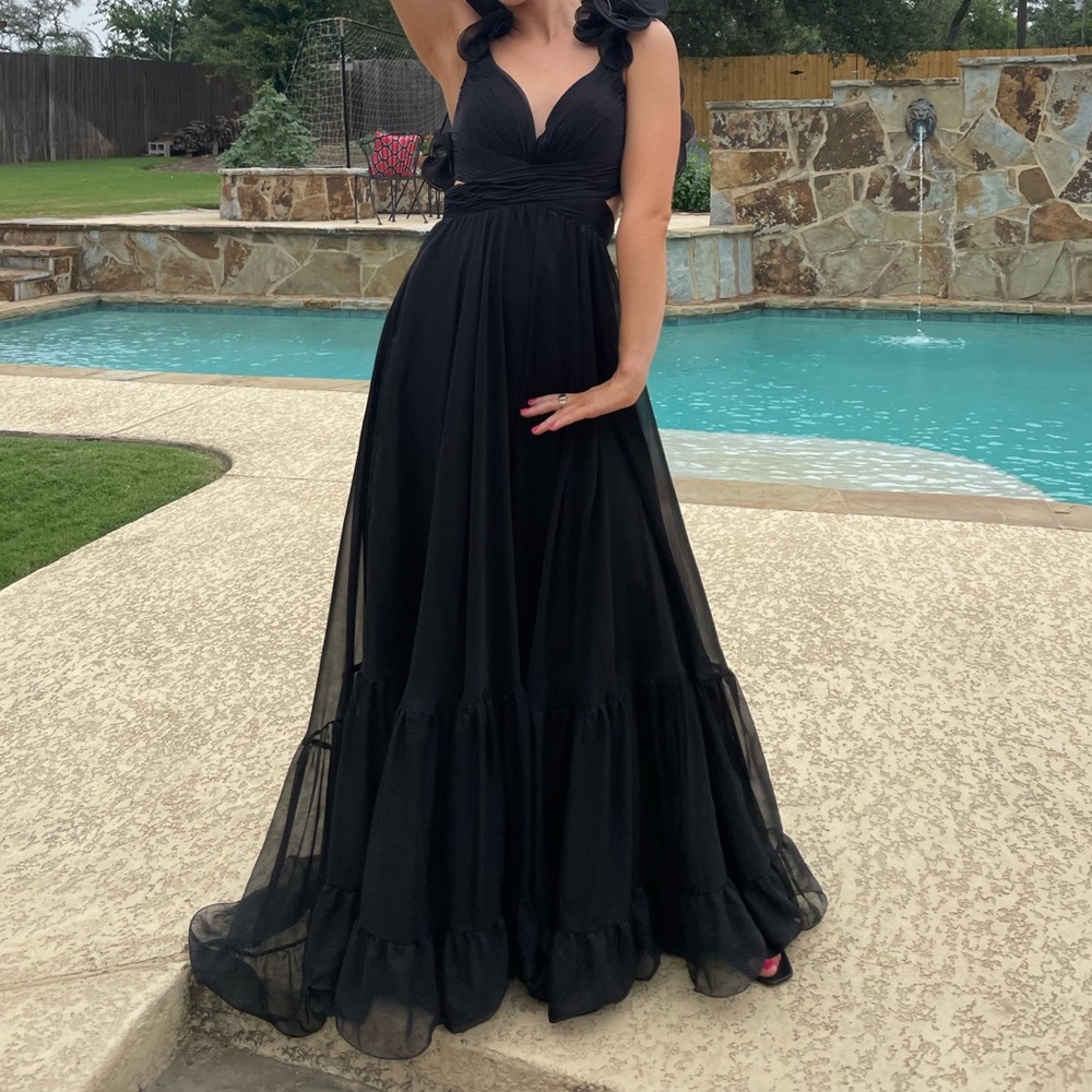 Mac Duggal Ruffle Shoulder Lace Up Gown